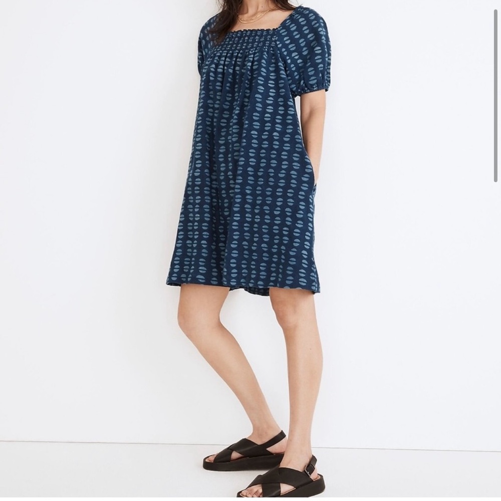 ISO Madewell Indigo Block Print A-Line Dress (Medium)
